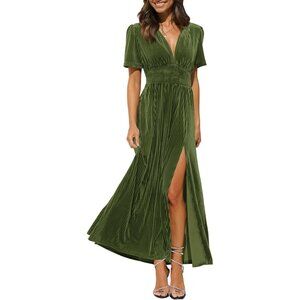Women's Army Green Velvet Maxi Dress, V-Neck & Smocked Waist for Weddings